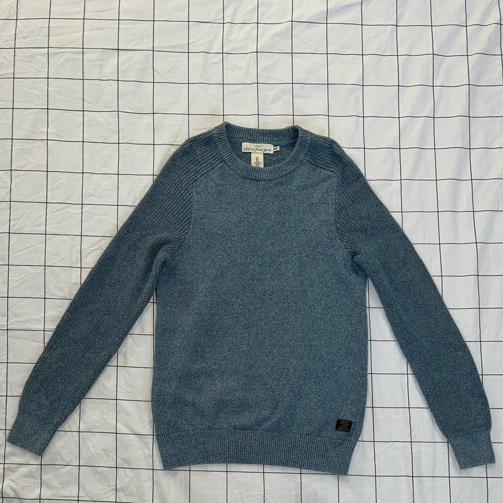 Label of Graded Goods teal crewneck sweater. Size Small